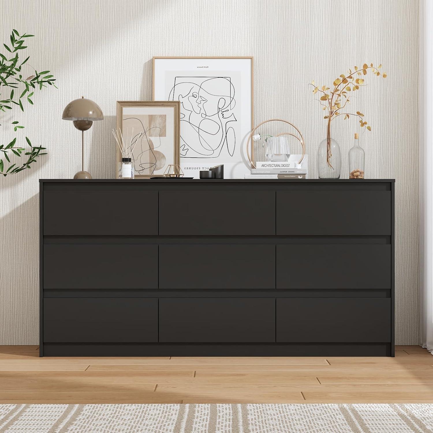 FAMAPY Chest of Drawers Dresser No Handles, 6 Drawer Dresser with Wide Storage, Modern Contemporary 6-Drawer Chest, for Bedroom Black (59”W x 15.7”D x 32.3”H)