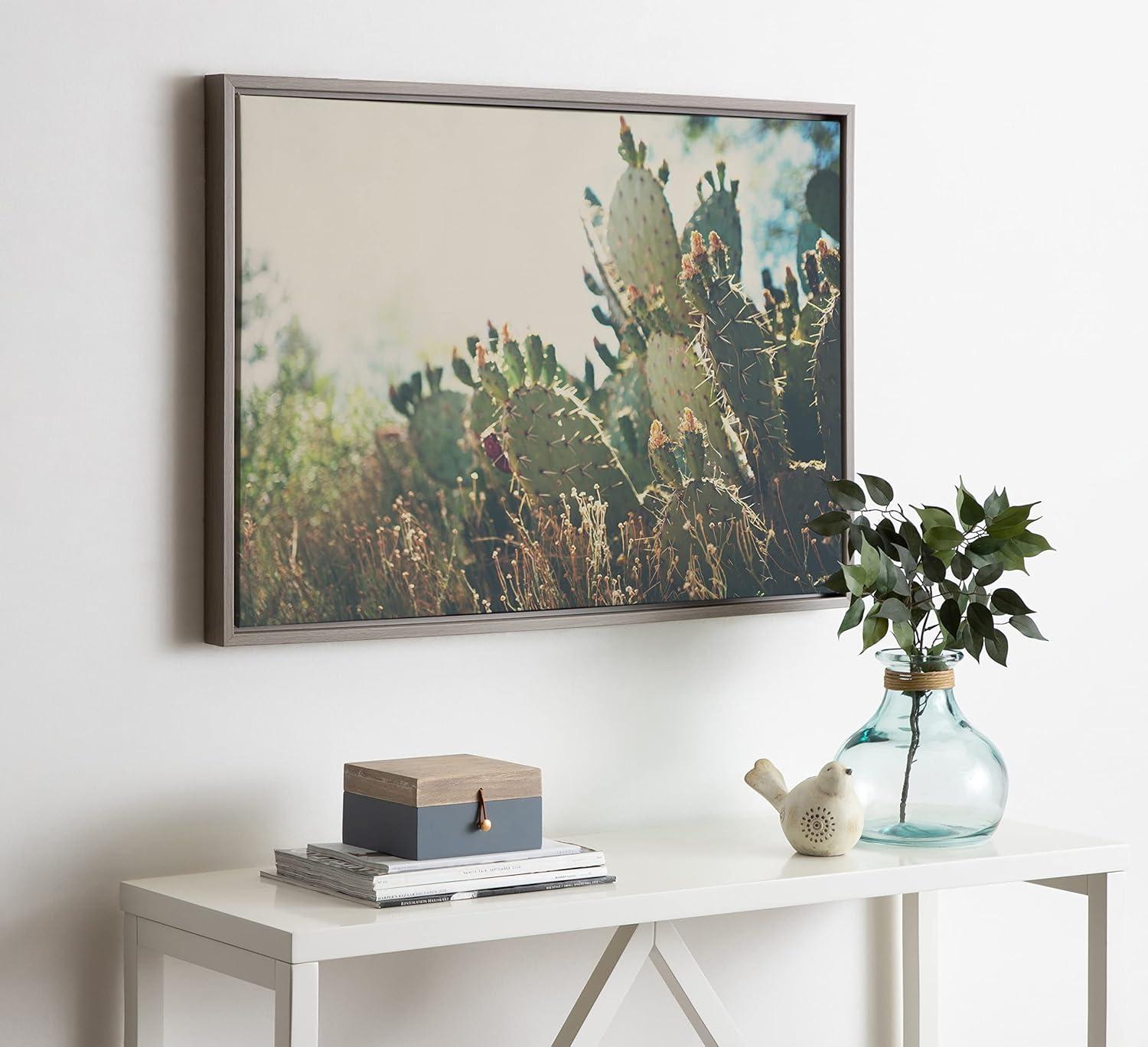 Gray Framed Desert Prickly Pear Cactus Canvas Wall Art