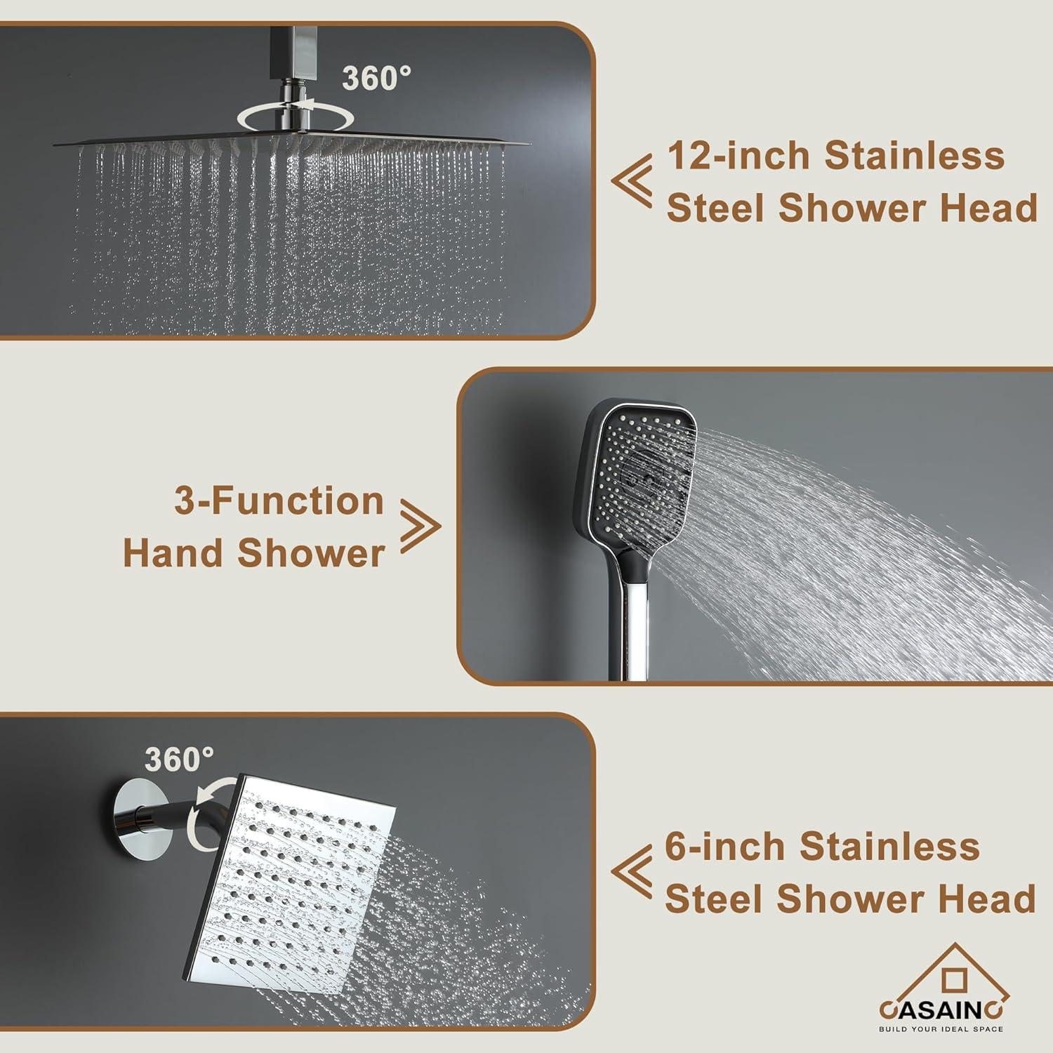 Rainfall Symphony 3-Function Dual Shower Head Thermostatic Shower System with 3 Sprays Handheld