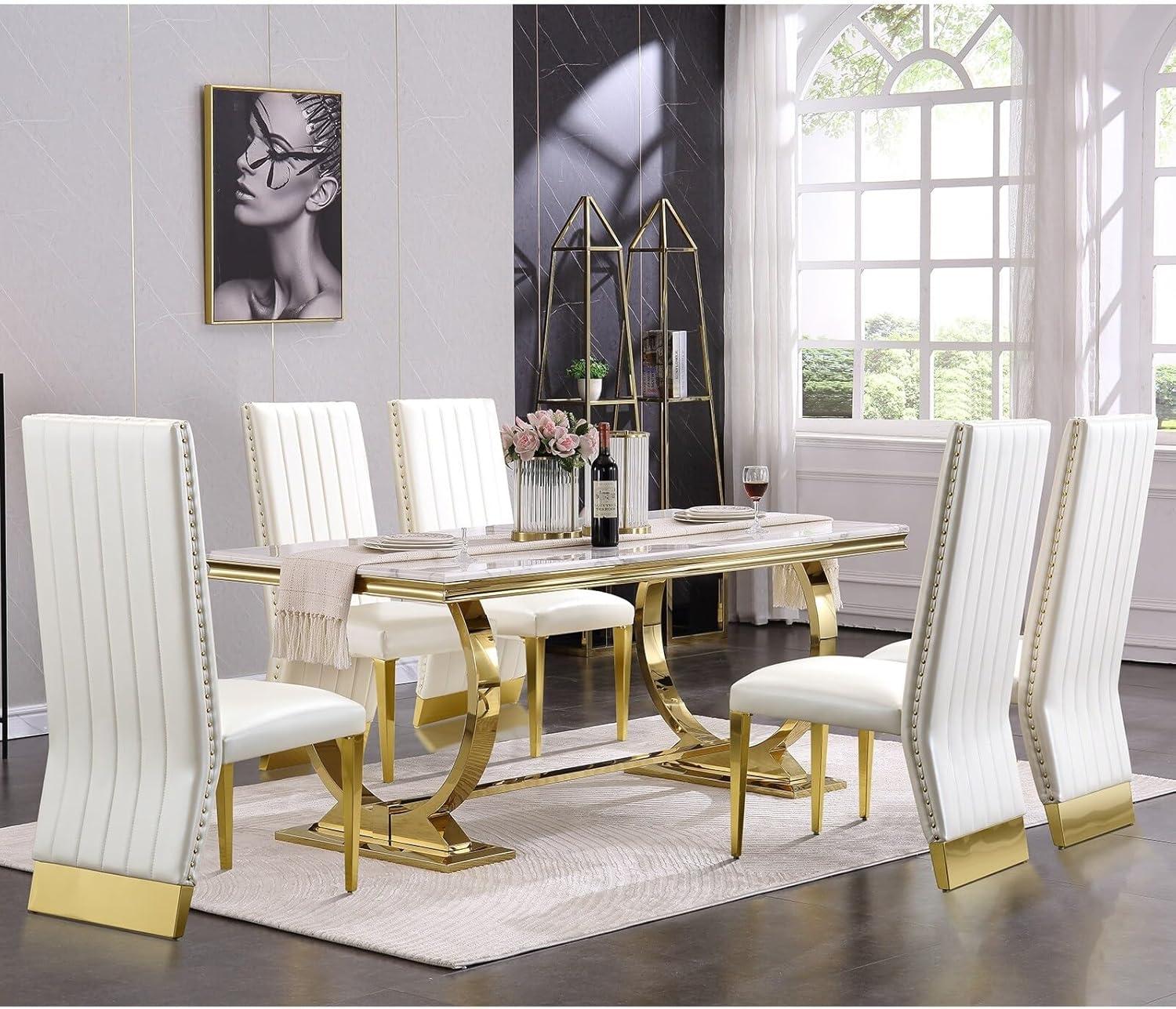 White Faux Leather High Back Side Chair with Gold Metal Legs