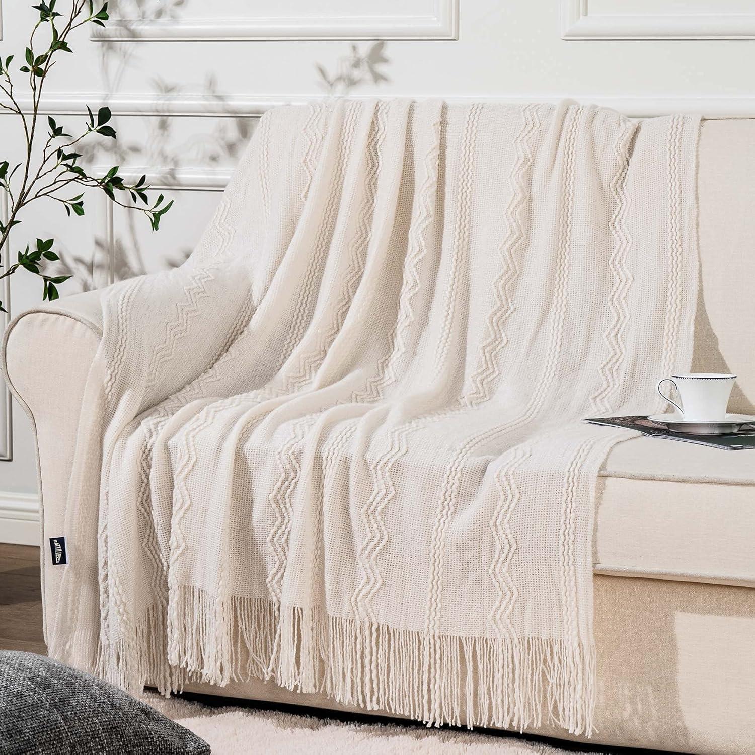 Cream Knitted Acrylic Throw Blanket with Tassels, 50"x60"