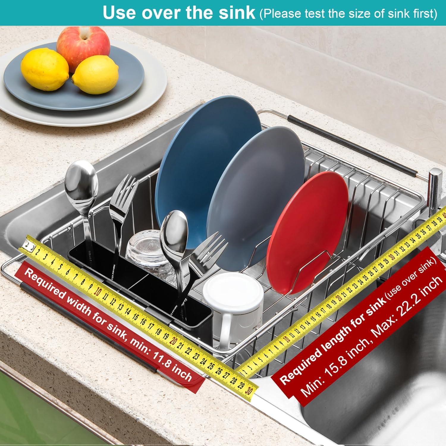 Expandable Stainless Steel Dish Drying Rack with Utensil Holder