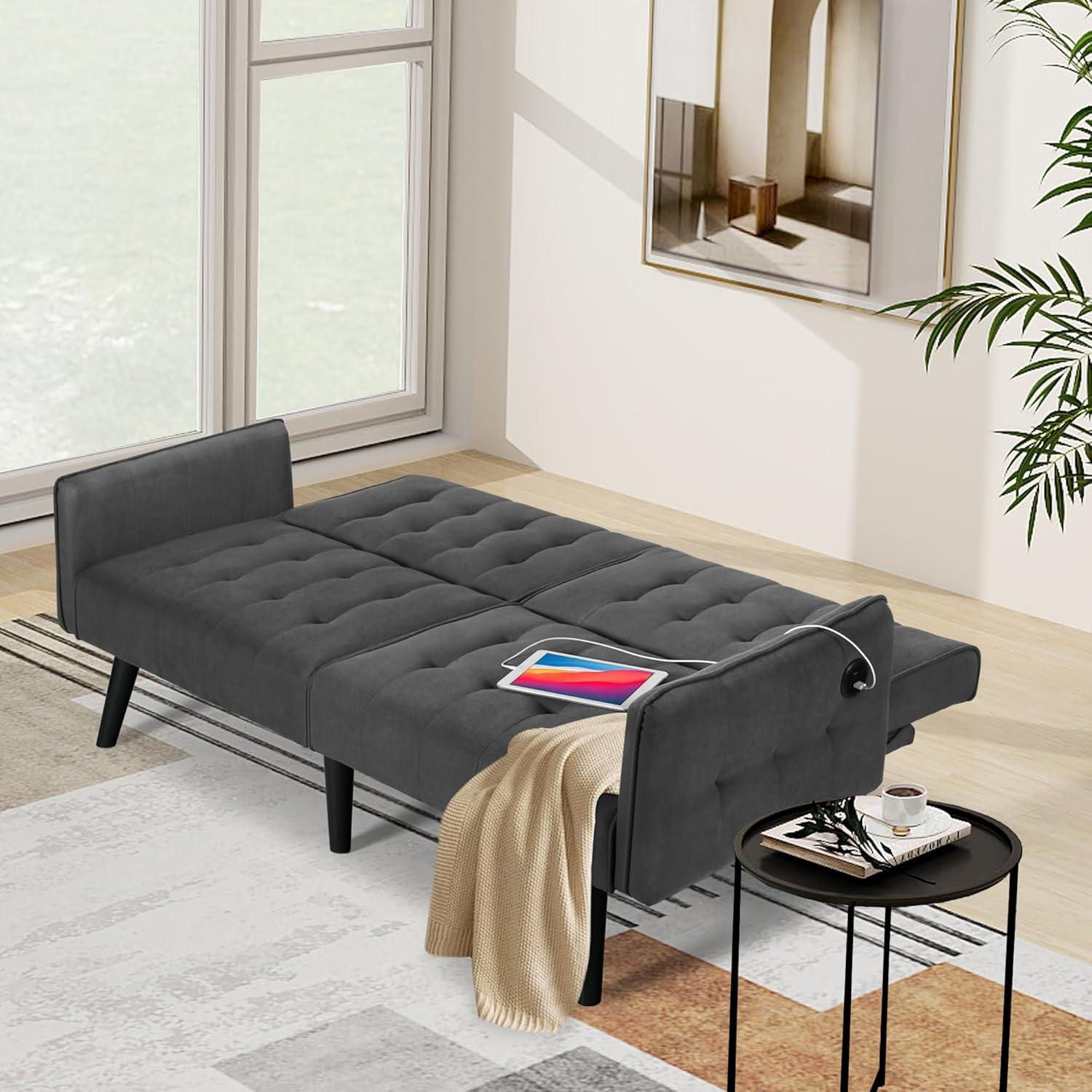 TYBOATLE 65“ Convertible Futon Sofa Bed w/ 2 USB, Upholstered Tufted Small Adjustable Folding Couch Loveseat, Modern Mid Century Sleeper Sofa for Living Room, Bedroom, Apartment, Office (Dark Grey)