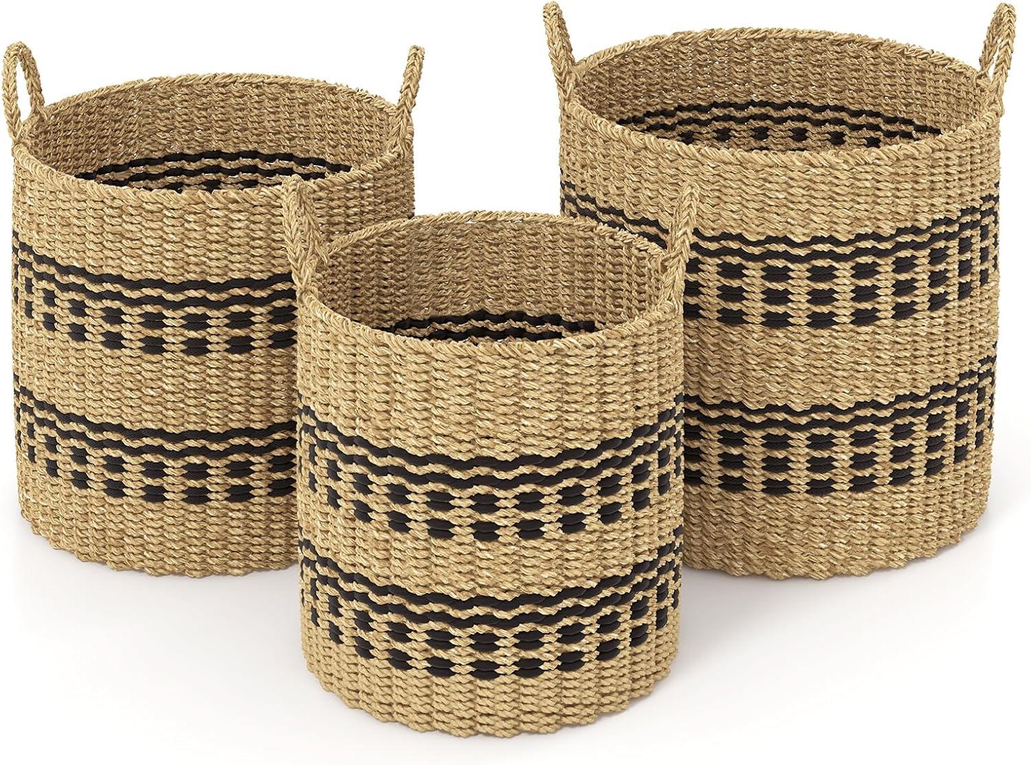 Natural Seagrass and Jute Round Storage Basket Set with Handles