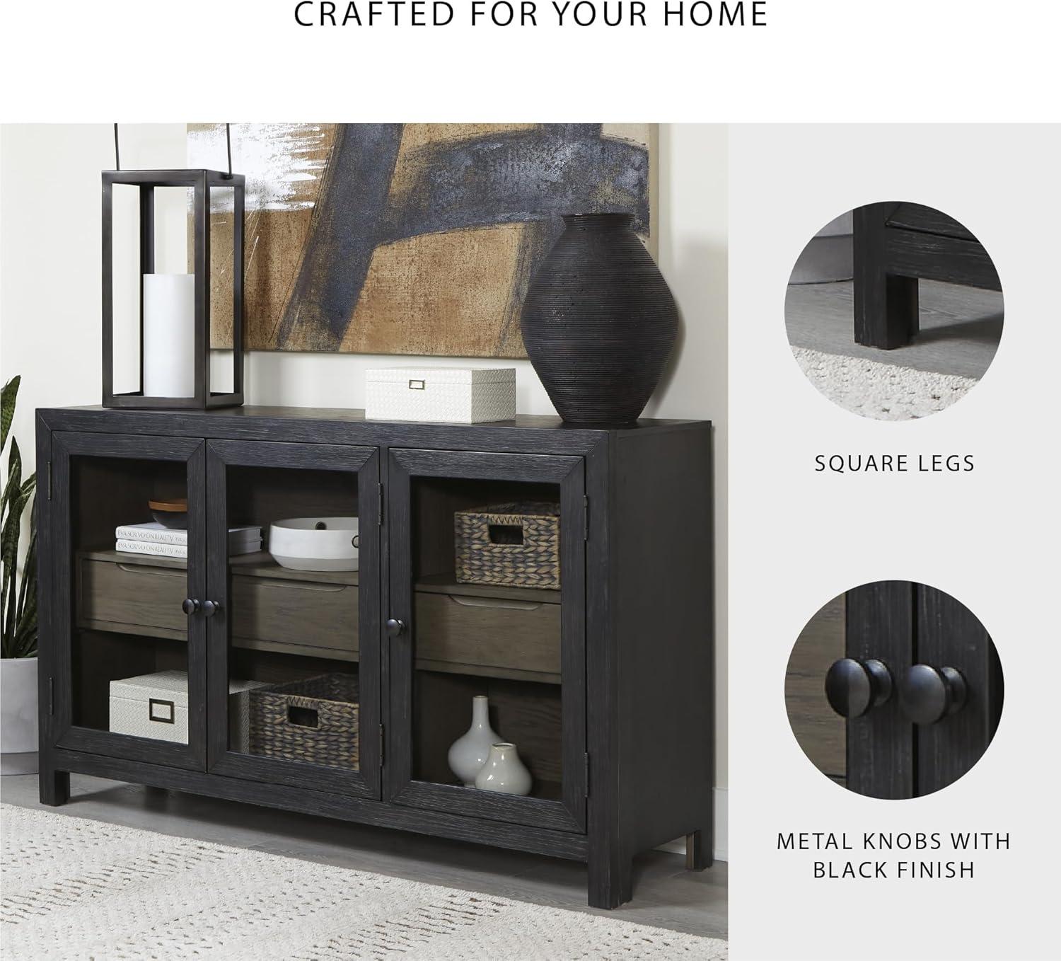 Benjara Liam Sideboard Accent Cabinet, 3 Glass Door