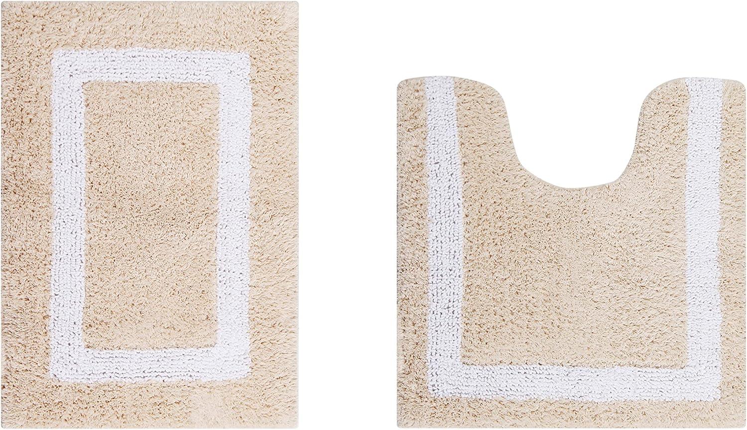 Better Trends Hotel Multi 100% Cotton Tufted Two Tone Reversible Bath Rug Set 2 PC (17" x 24" | 20" x 20") - Sand/White