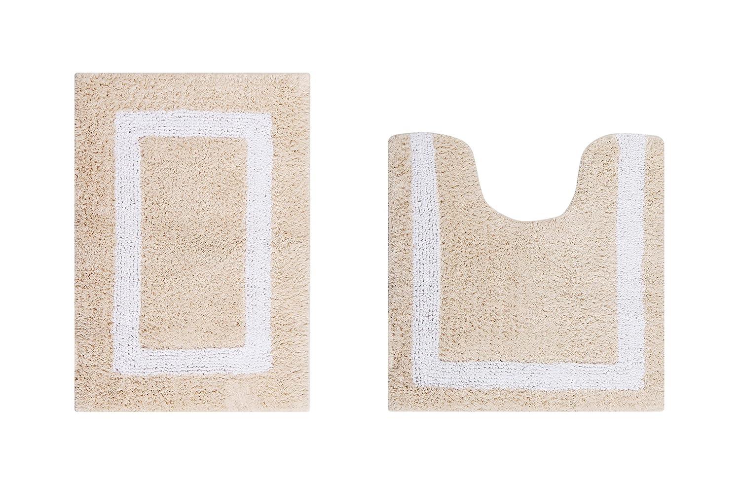 Better Trends Hotel Multi 100% Cotton Tufted Two Tone Reversible Bath Rug Set 2 PC (17" x 24" | 20" x 20") - Sand/White