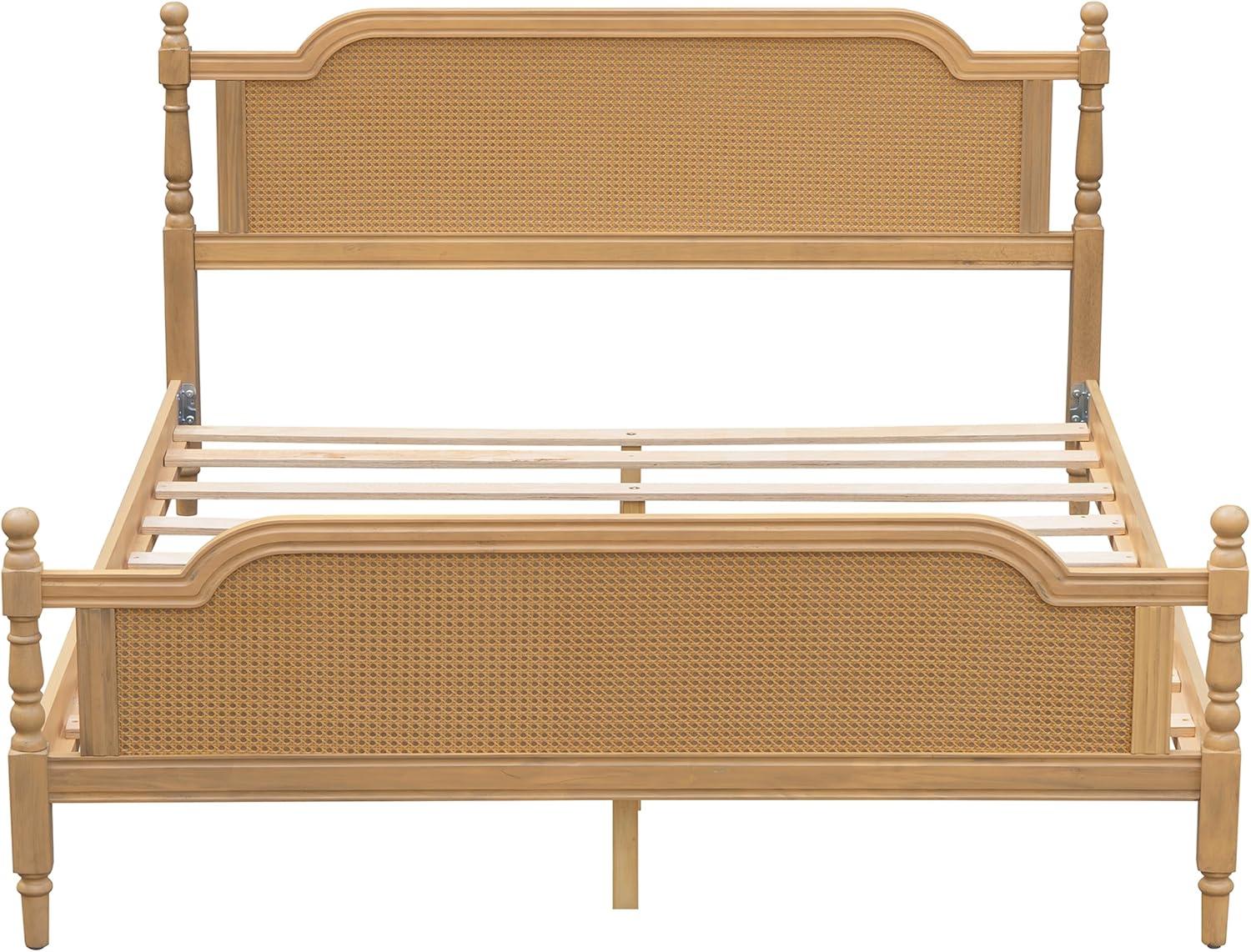 Traditional Style Rattan King Size Platform Bed Frame, Wooden Bed Frame with Rattan Headboard and Footboard, Wood Slat Support, No Box Spring Needed, Easy Assembly (Antique Walnut,310)