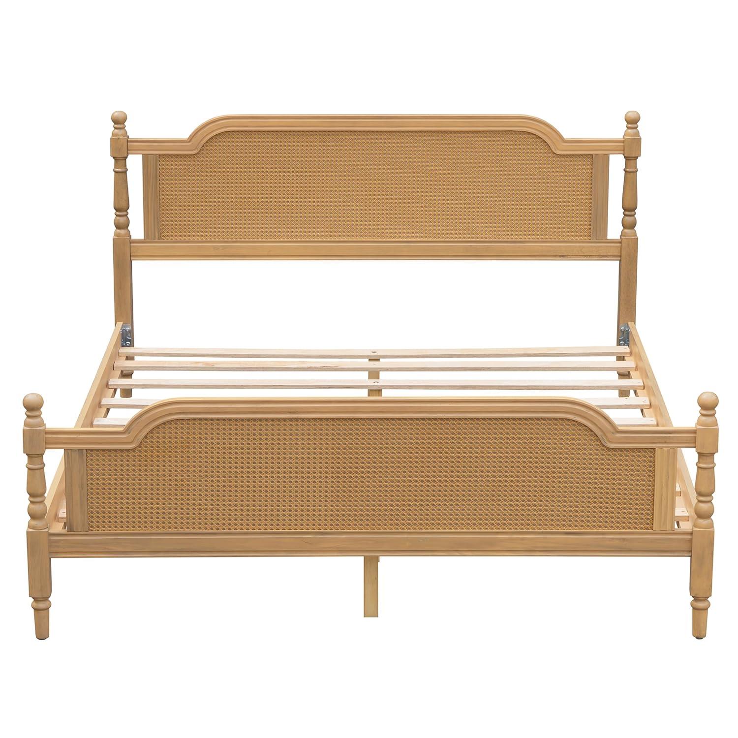 Traditional Style Rattan King Size Platform Bed Frame, Wooden Bed Frame with Rattan Headboard and Footboard, Wood Slat Support, No Box Spring Needed, Easy Assembly (Antique Walnut,310)