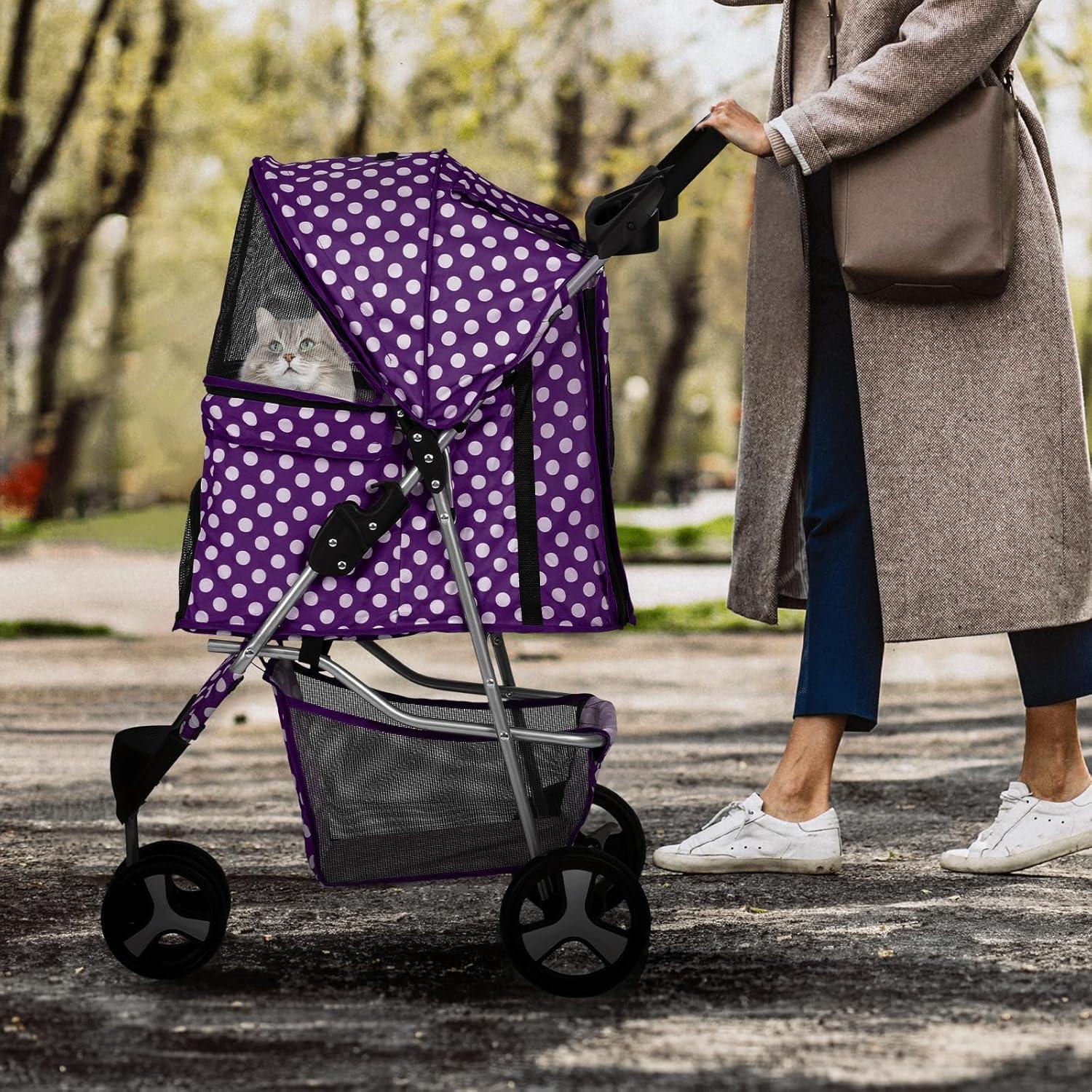 MoNiBloom 3 Wheel Folding Pet Dog Stroller, Foldable Lightweight Trolley with Storage Basket, Cup Holder and 360° Rotating Front Wheel for Small Medium Dogs, Purple with White Polka Dots