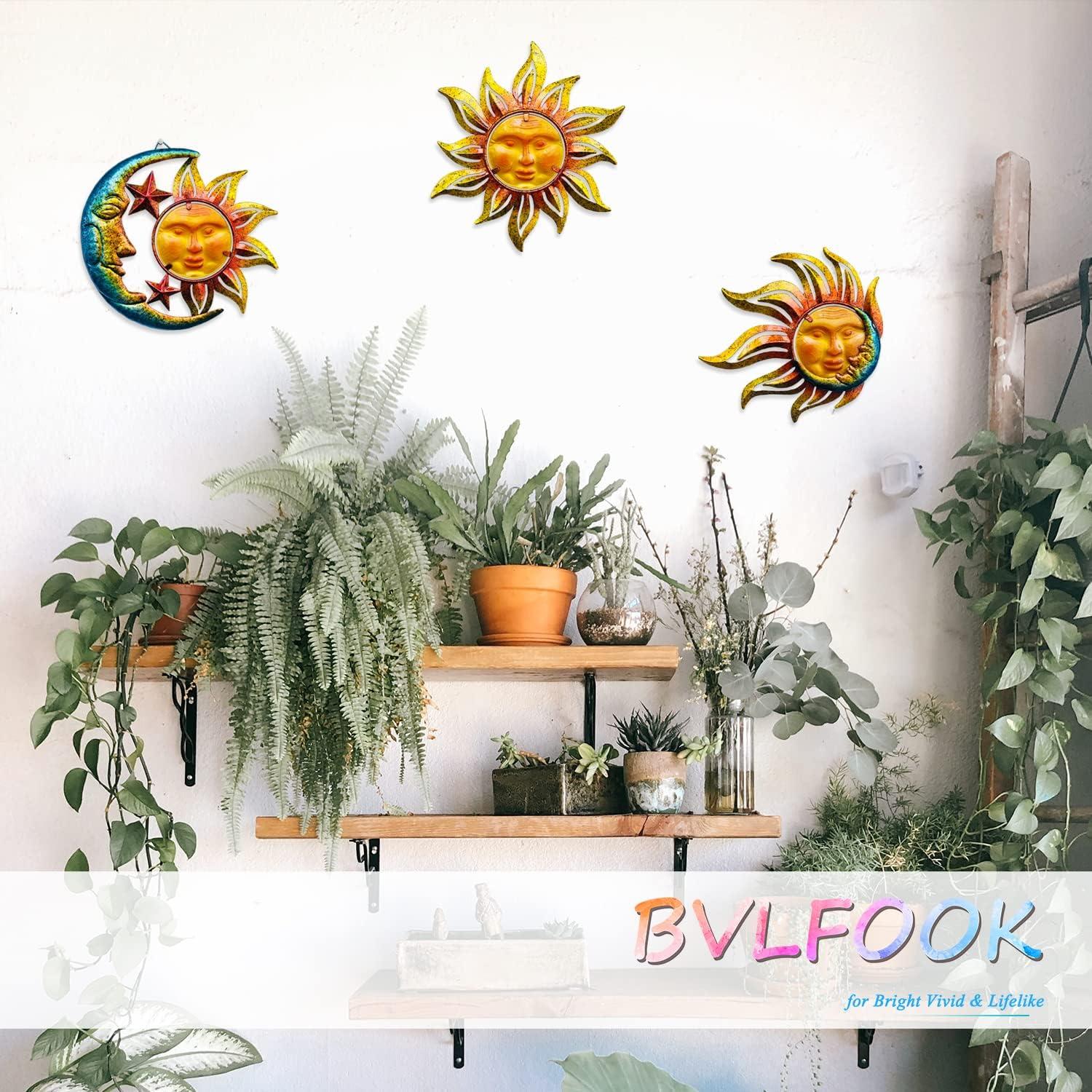 BVLFOOK Sun Face Metal Wall Art Decor Outdoor Indoor, Sun Moon Star, Metal & Glass Hanging Wall Patio Decorations for Outdoor Living Room Bedroom Garden Porch Fence Balcony, Set of 3, 9 inch Large