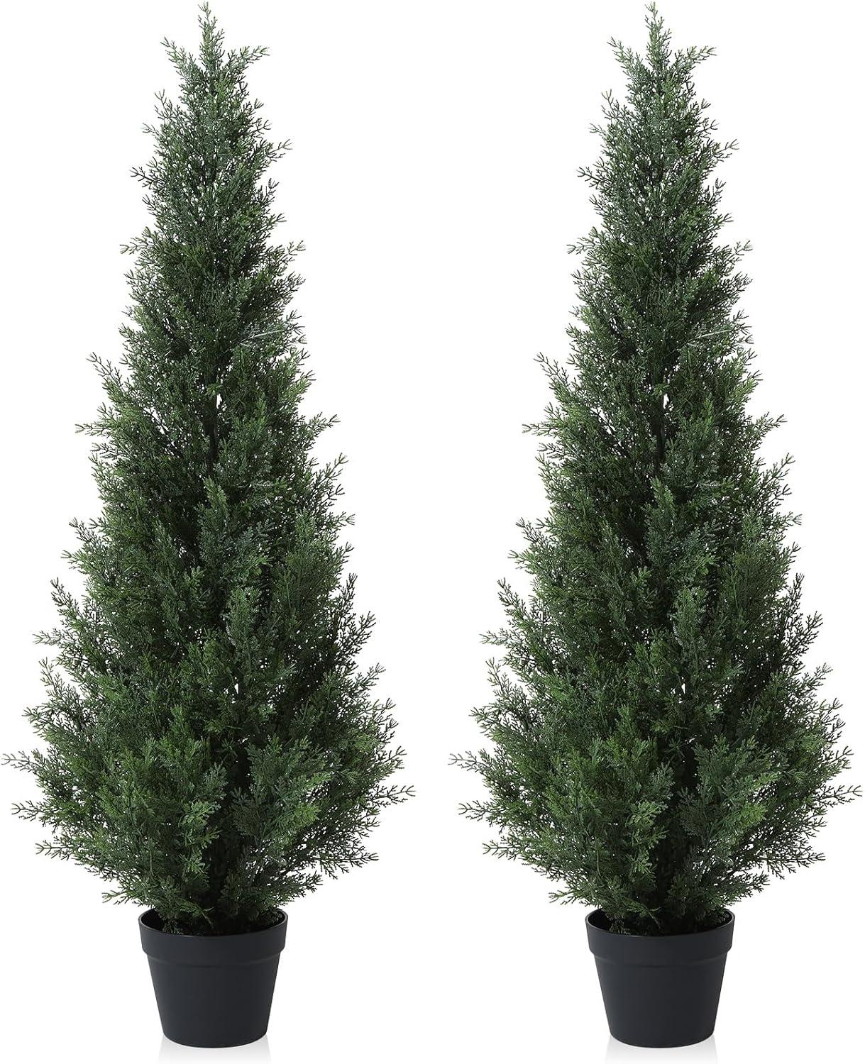 Artificial Cedar Tree 2 Pack 4 ft Outdoor Artificial Topiary Cedar Plants Fake Tree UV Rated Potted Tree for Perfect Housewarming Gift, Set of 2