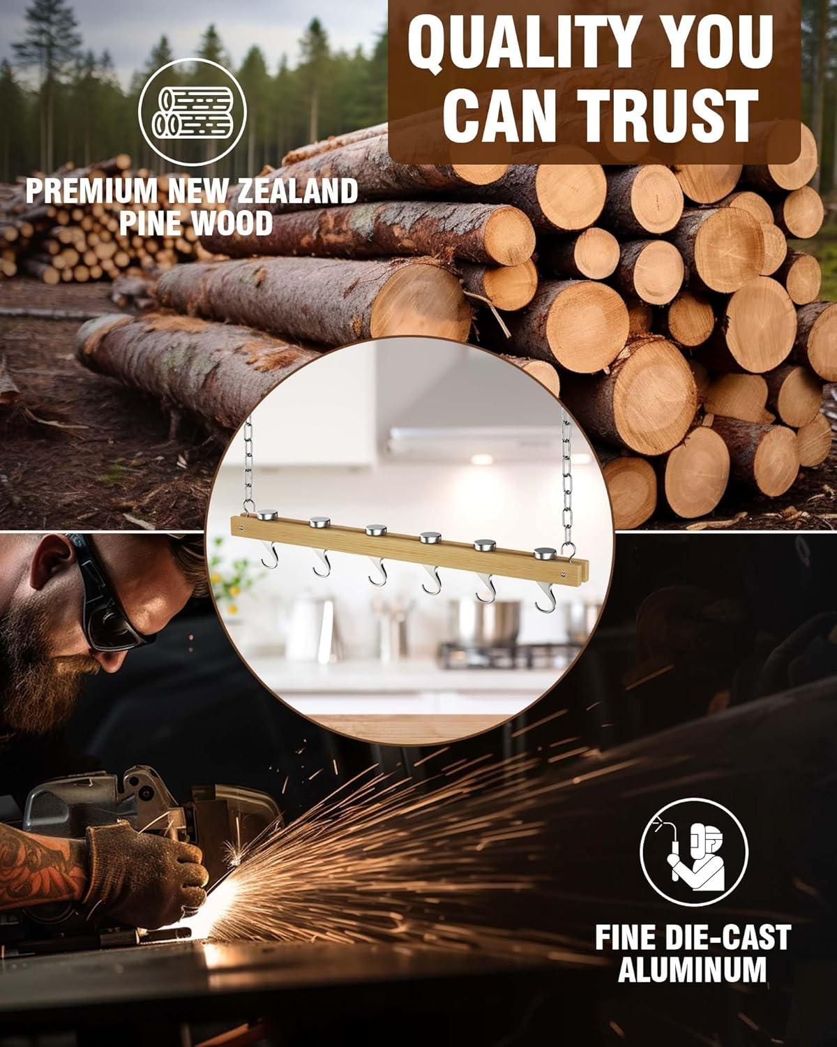 Standard, Single Bar, 36-Inch Ceiling Mounted Wooden Pot Rack, Brown