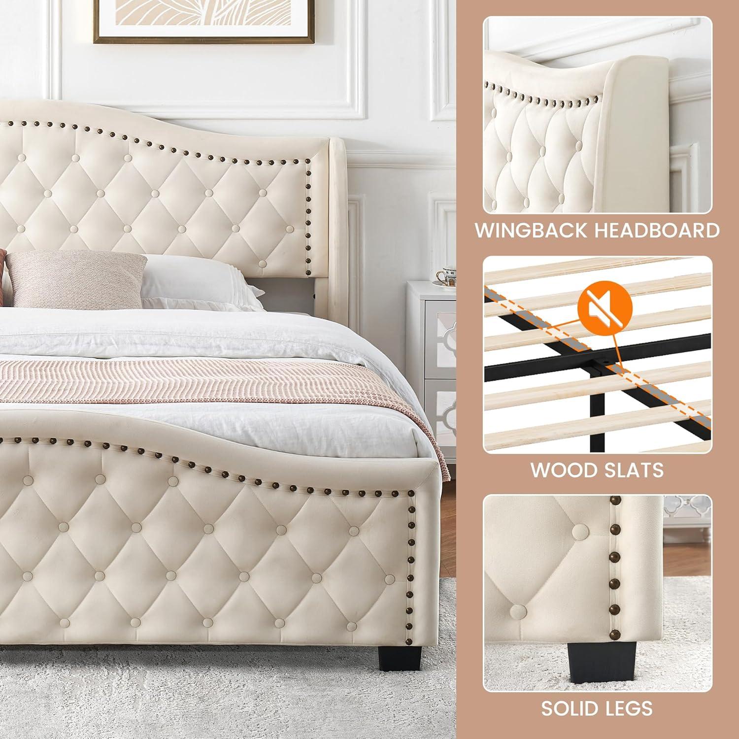 YUSAZENS King Bed Frame with Tall Headboard 47.2",Upholstered Platform Bed Frame with Velvet Button Tufted & Nailhead Trim Wingback Headboard,Luxurious Arched Footboard,No Box Spring Needed,Beige