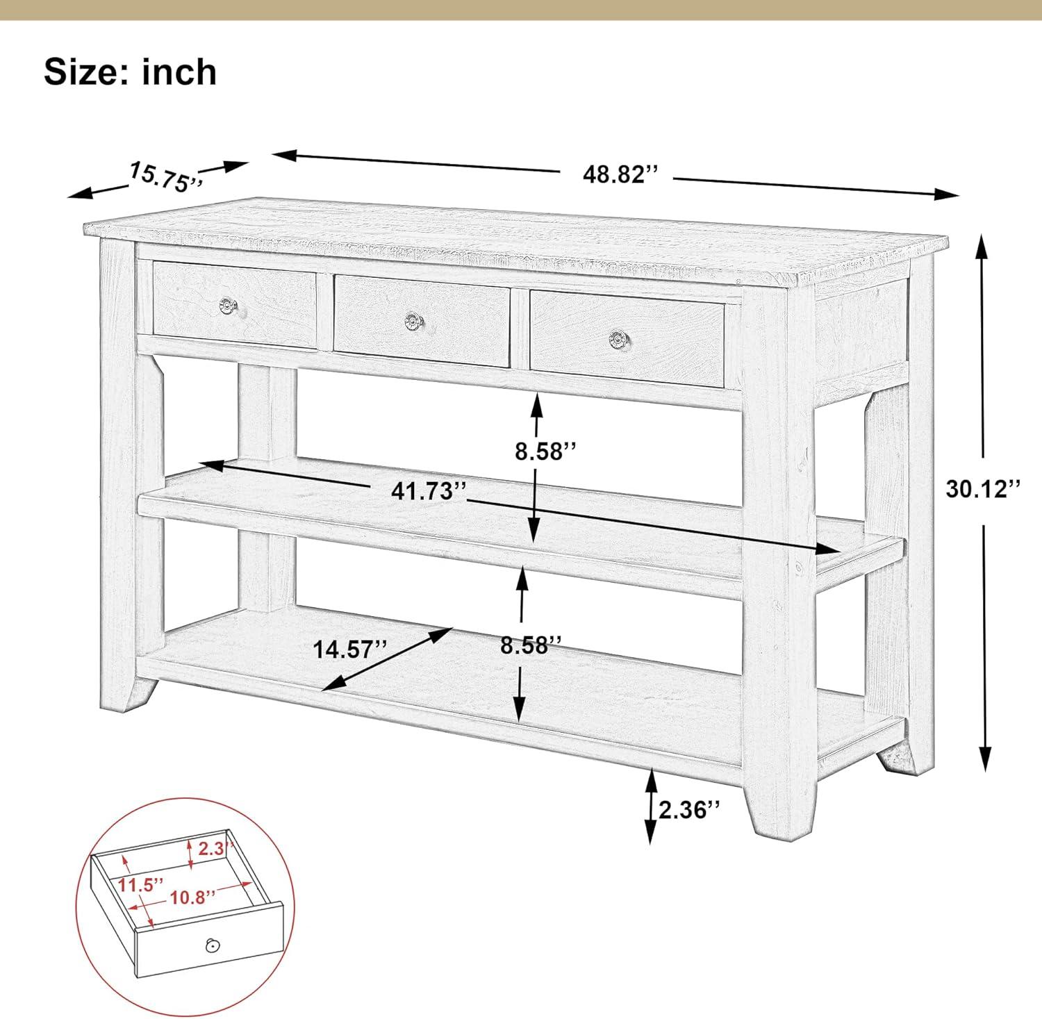 48-Inch Black Pine Wood Console Table with Drawers and Shelves