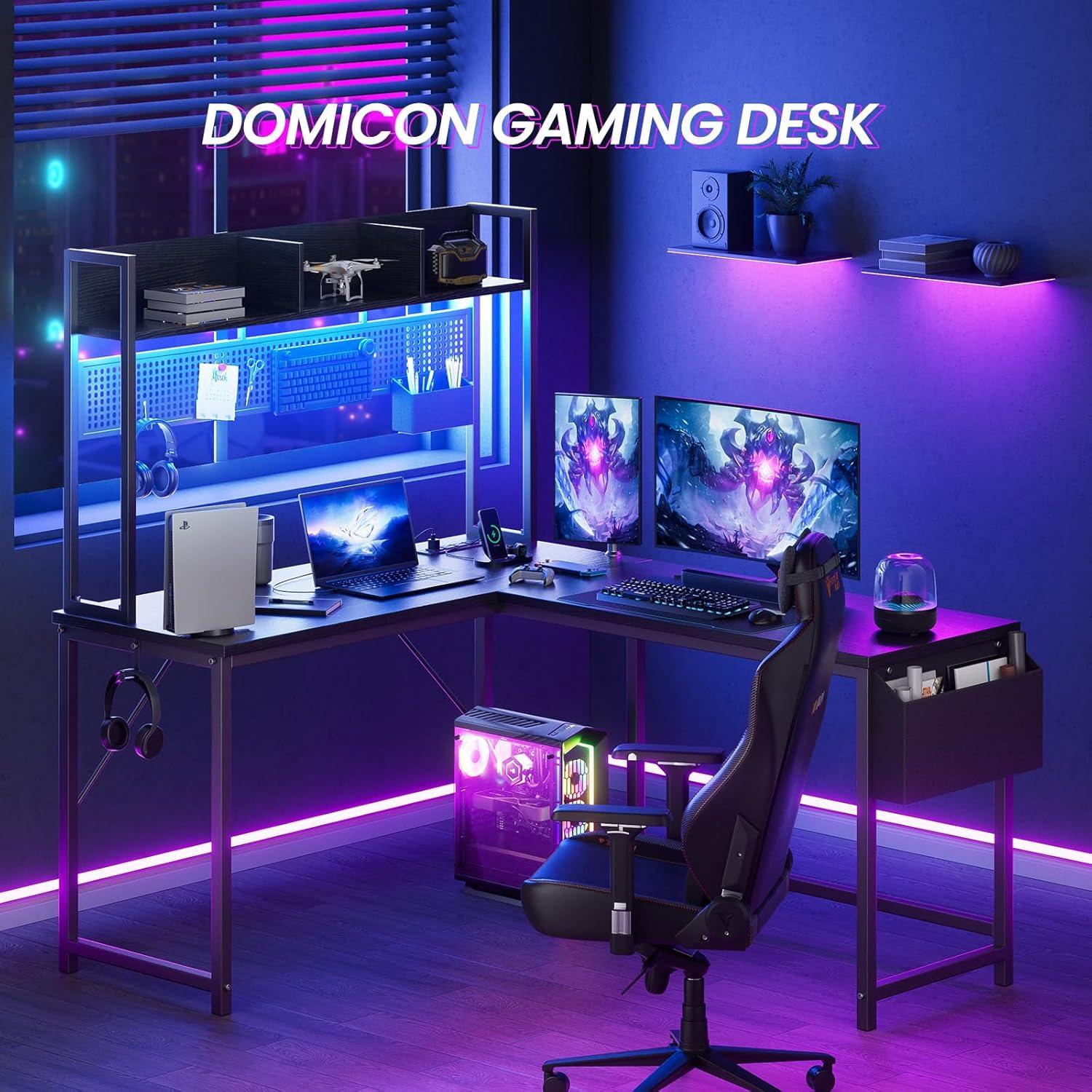 Black L-Shaped Gaming Desk with USB Ports and LED Lights