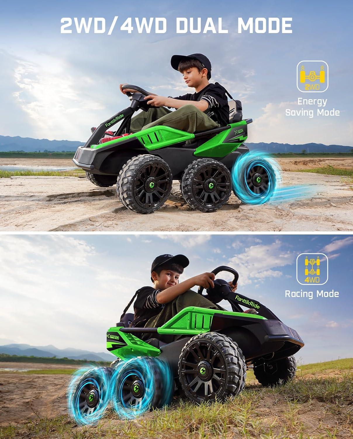 FanttikRide 24V Ride on Toys for Big Kids, 6 Eva Wheels UTV, 4x75W 5.9MPH Powerful Electric Car, 4WD/2WD Switch, Parent Remote, 4 Shock Absorbers, Ideal Gift for Kids Ages 3+, X7 Pro Green