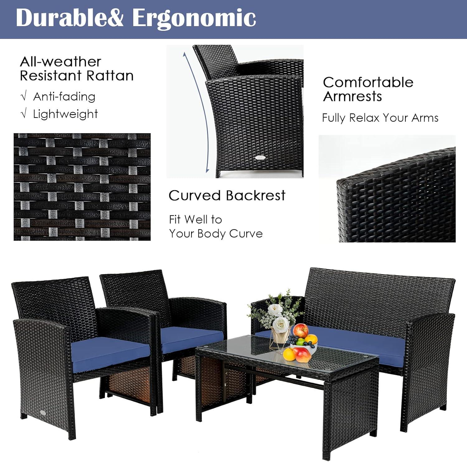 Resenkos 4 Pieces Outdoor Rattan Furniture Set, Wicker Furniture Sets, Patio Conversation Sets with Coffee Table Cushioned Sofa-Red