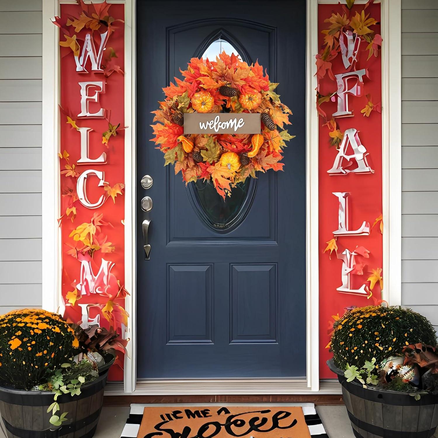 Fall Wreath 20’’ Autumn Front Door Wreath Harvest Wreath with Sunflower Pumpkins Berries Maple Leaves Daisies for Outside Indoor Home Wall Festival Thanksgiving Autumn Farmhouse Decor