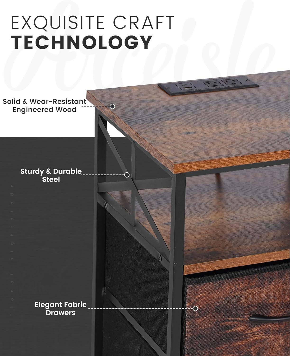 Night Stand Set 2, RGB LED End Table With Charging Station, 2 Fabric Storage Drawers Side Table With USB Ports And Outlets, Rustic Brown Beside Table Nightstands For Bedside