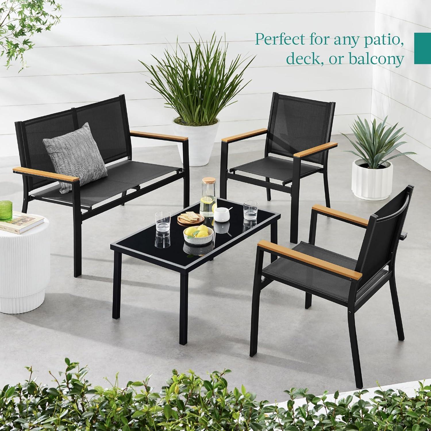 Black Steel 4-Piece Outdoor Patio Conversation Set with Faux Wood Armrests