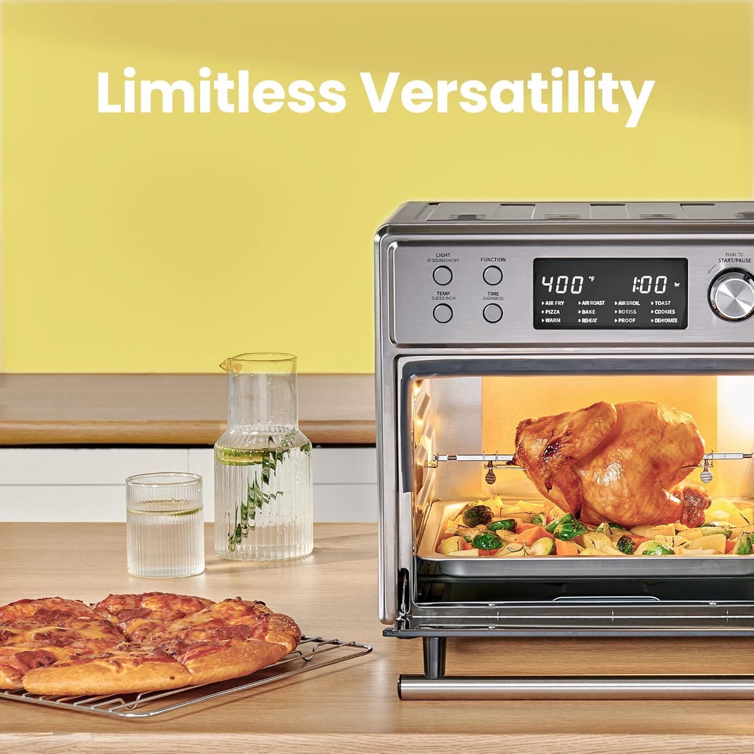 COMFEE’ 12-in-1 Air Fryer Toaster Oven Combo, 6 Slice 12’’ Pizza Countertop Convection Oven with Rotisserie, Precise Temperature Control, 26.4 QT Large Capacity, 6 Accessories, Stainless Steel