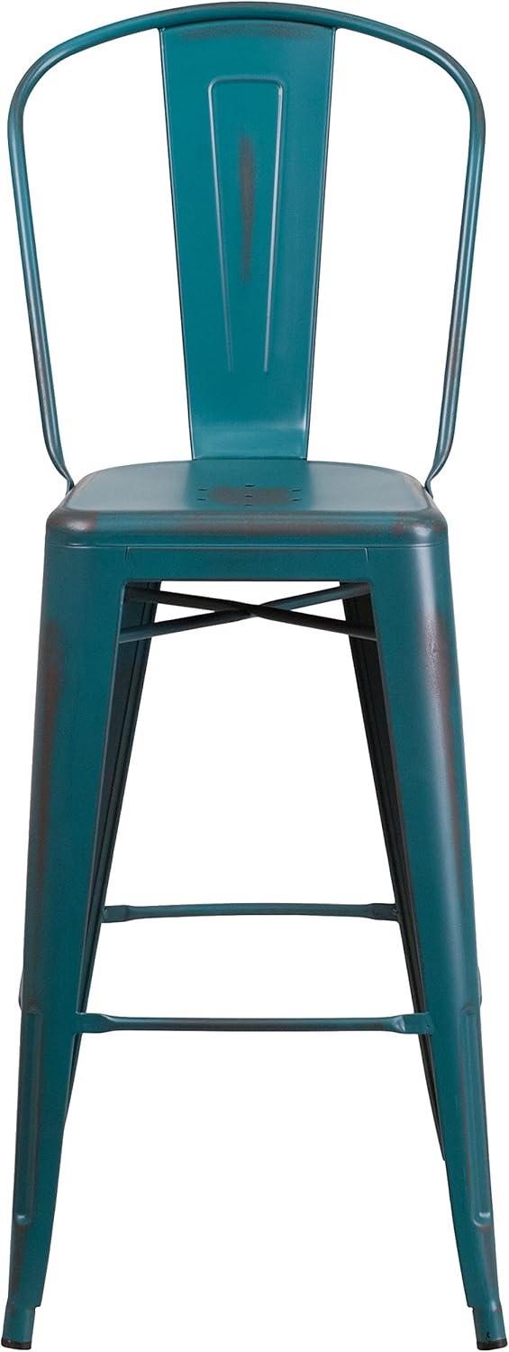 Flash Furniture Commercial Grade 30" High Distressed Kelly Blue-Teal Metal Indoor-Outdoor Barstool with Back