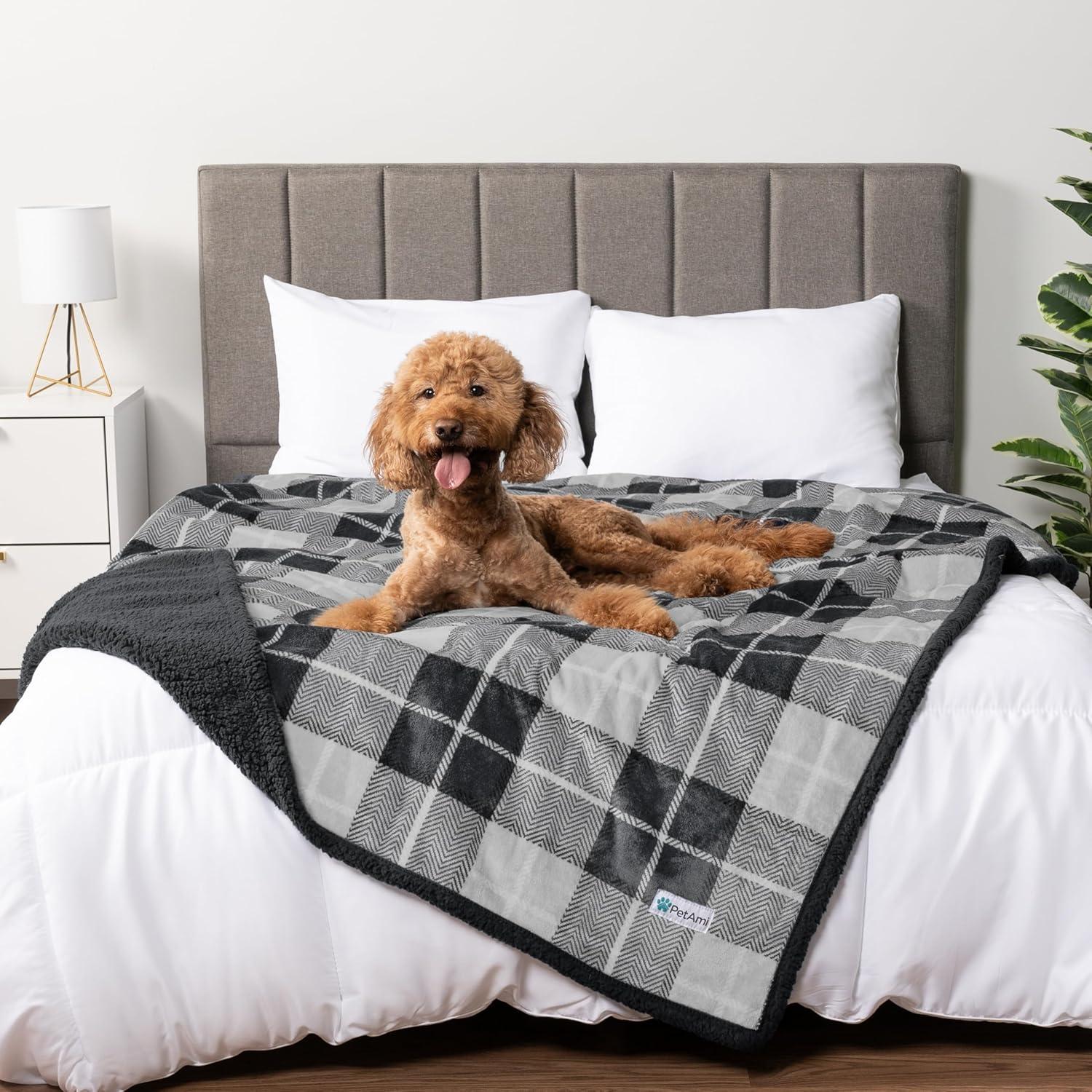 Large Charcoal Plaid Waterproof Sherpa Dog Blanket