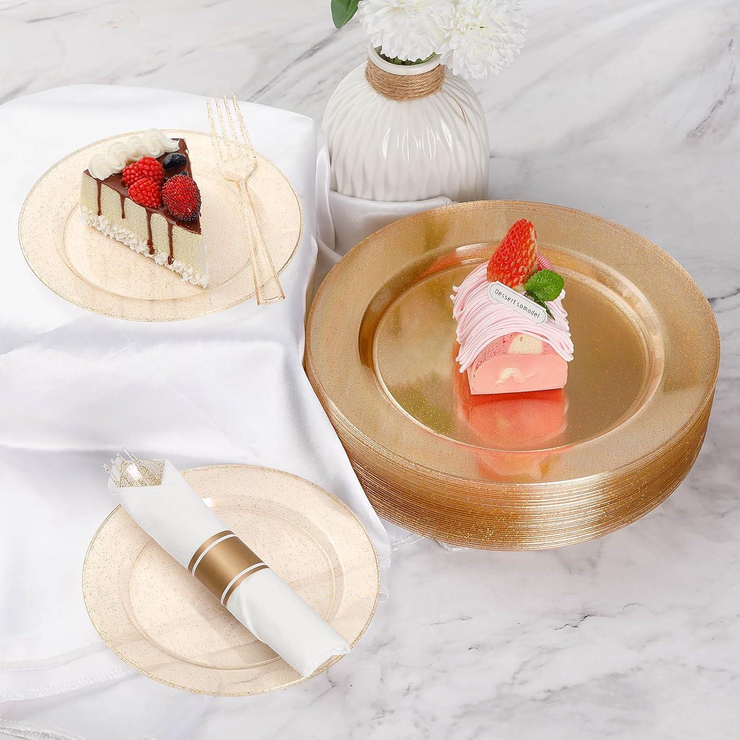 MODERN WALLS LLC 350 Pieces Gold Glitter Dinnerware Set 50 Guest For Party- 50 Dinner Plates, 50 Dessert Plates -50 Per Rolled Napkins With Gold Cutlery - 50 Disposable Cups 9 OZ