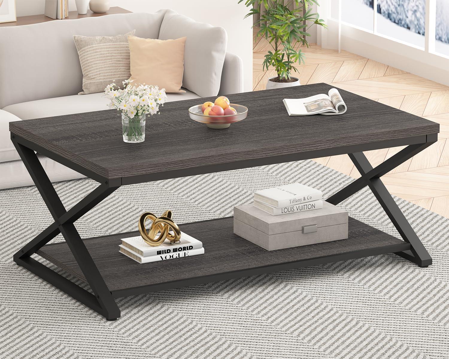 47 Inch Table with Storage Shelf, 2 Tier Rectangle Center Table Minimalist Home Tea Coffee Table