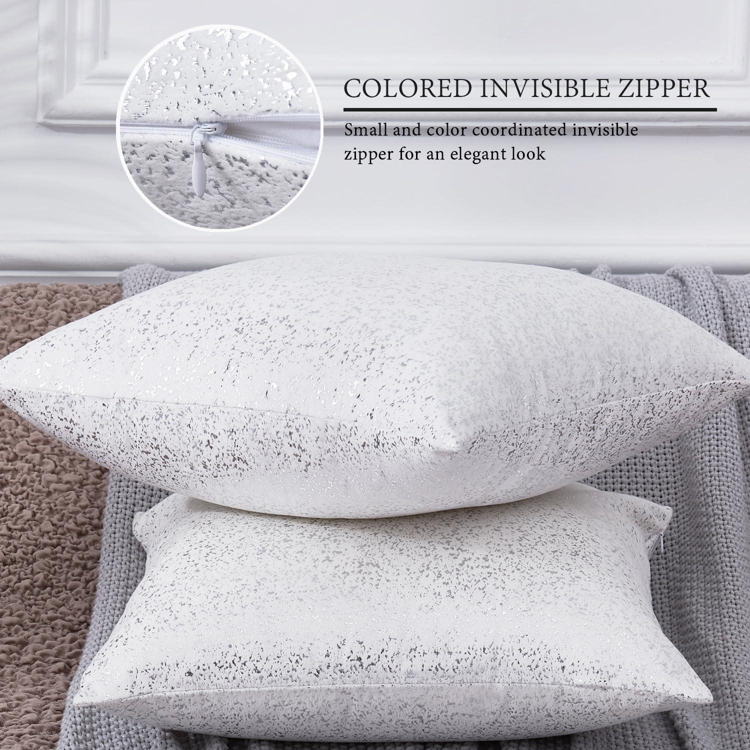 Silver Velvet Bliss Pillow Covers - Set of 2 White 18x18 Decorative Square Throw Pillows for Home Decor. Ideal for Bedroom, Living Room, Couch, Bed, and Sofa. Luxurious White and Silver Design.