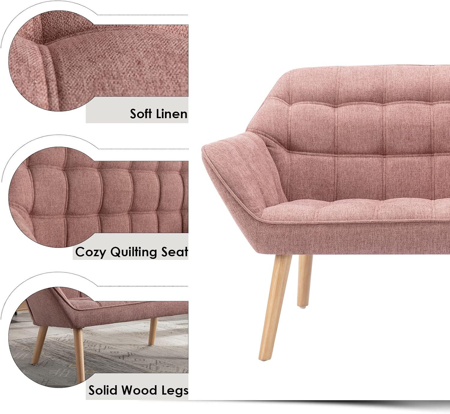 Pink Linen Plaid Loveseat with Wooden Legs