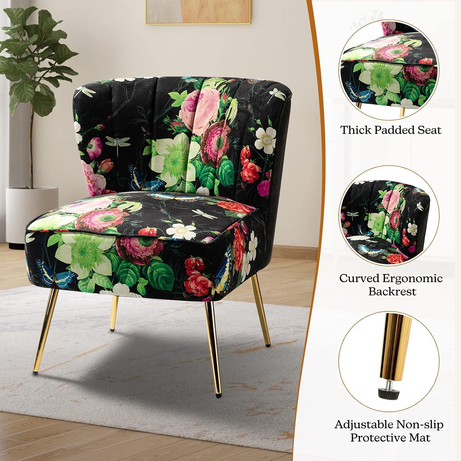 Upholstered Floral Accent Slipper Chairs Set of 2 Side Dining Chair Wingback Armless Sofa Tufted Back Golden Legs Home Living Room Bedroom Black