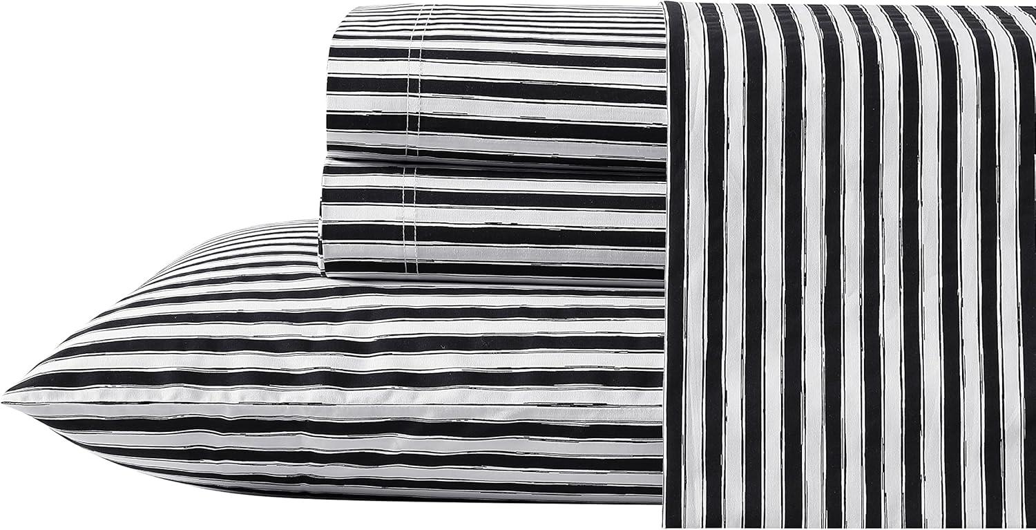 Twin White and Black Striped Cotton Percale Sheet Set