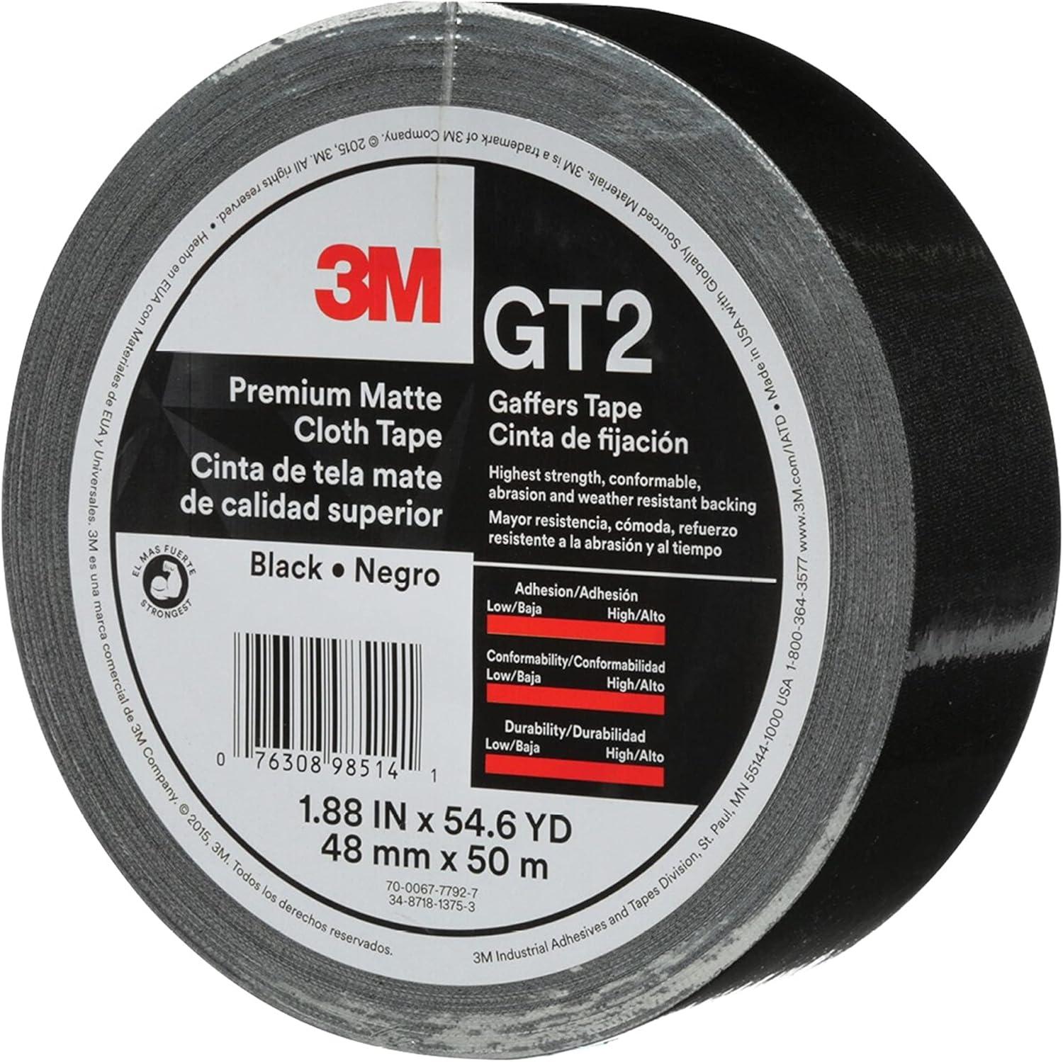 3M Premium Matte Cloth (Gaffers) Tape GT2, High-Strength, Indoor/Outdoor Use, Black, 48 mm x 50 m, 11 mil, 1 Roll, 98514
