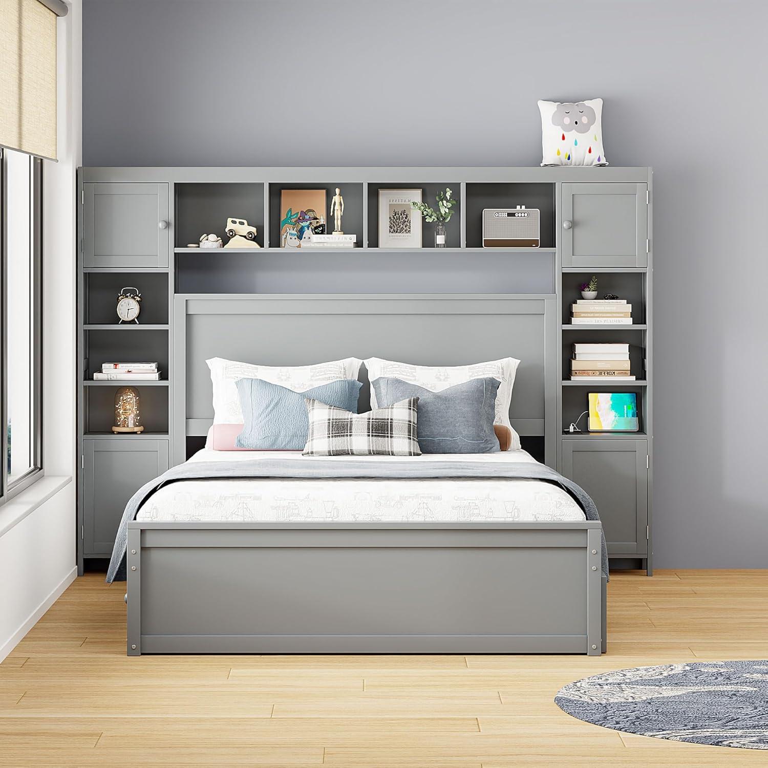 MODERNLUXE Queen Size Bed Frame with Trundle,Solid Wood Platform Bed with 10 Shelves,2 Storage Drawers,4 Cabinets,Charging Station and Bookcase Headboard,No Box Spring Needed/Noise Free,Gray