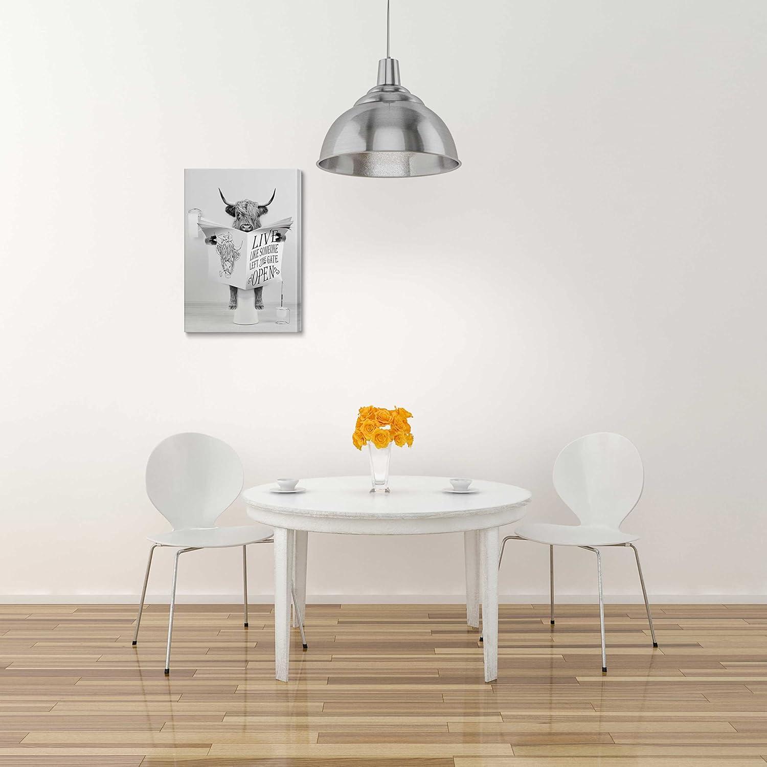 Modern Black Framed Highland Cow Wall Art Minimalist Bathroom Wall Decor Cute Funny Animals Artwork Canvas Prints Ready to Hang for Guest Bathroom, Hotel, Condo, Kids Bathroom, 12”x16”