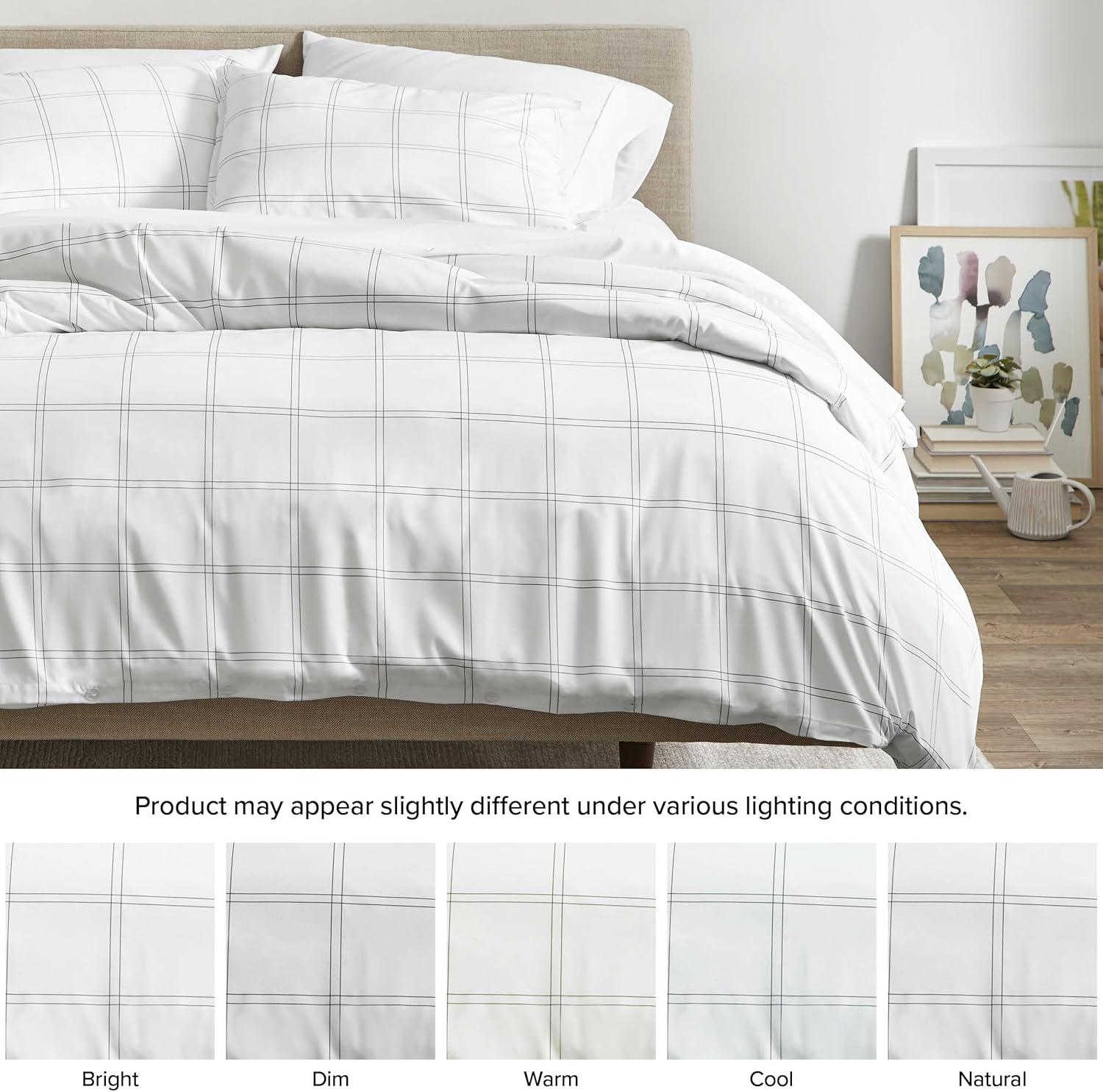 Twin/Twin XL Modern Plaid White/Grey Microfiber Duvet Set