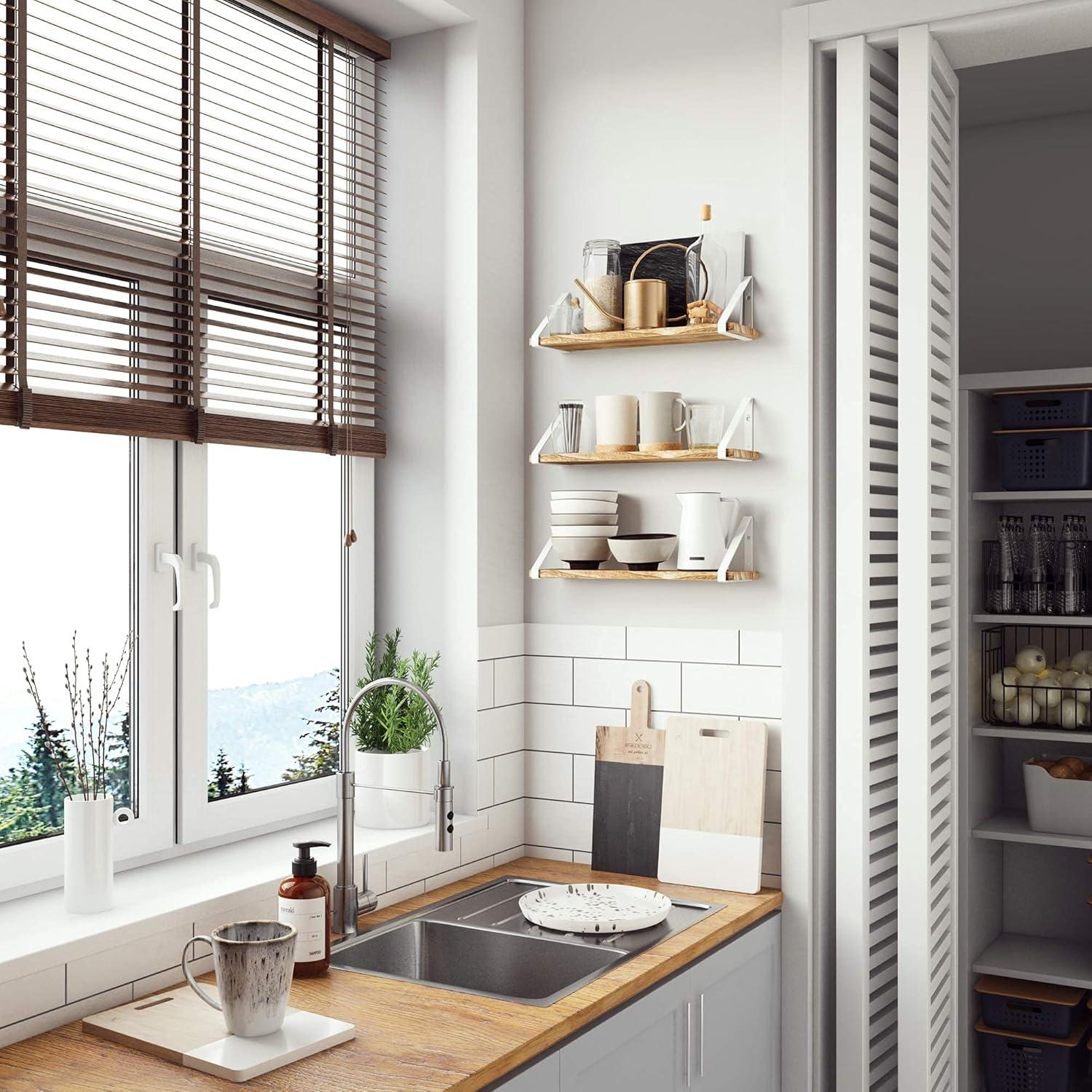 Wallniture Ponza Floating Shelves for Wall, Bathroom Shelf Wall Mounted, Set of 3, Burned Finish Wood Shelves with White Shelf Brackets