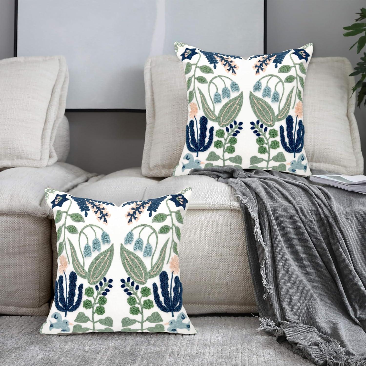 Navy and Green Floral Embroidered Cotton Euro Pillow Covers