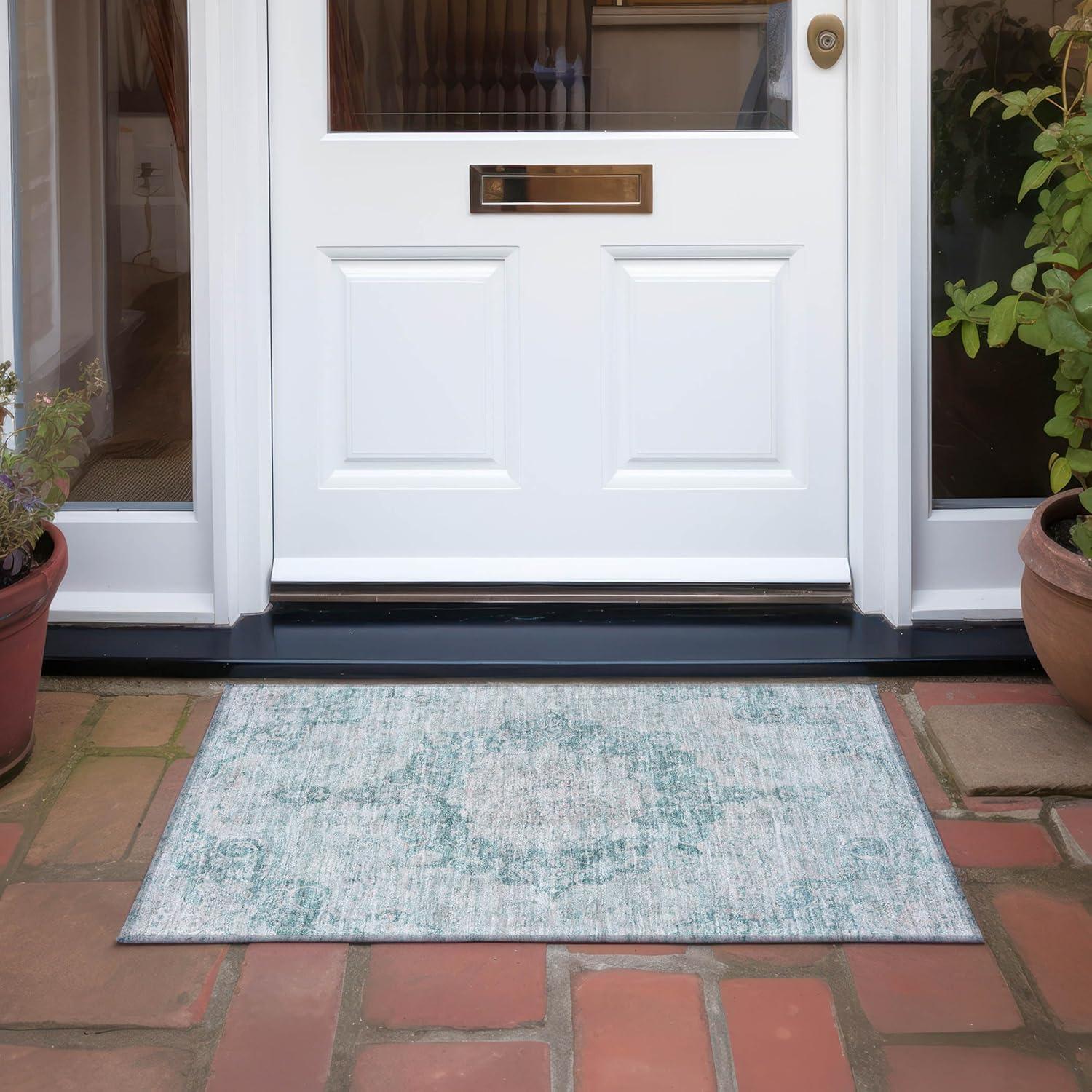 Machine Washable Indoor/Outdoor Claudian ACN1238 Teal Rug