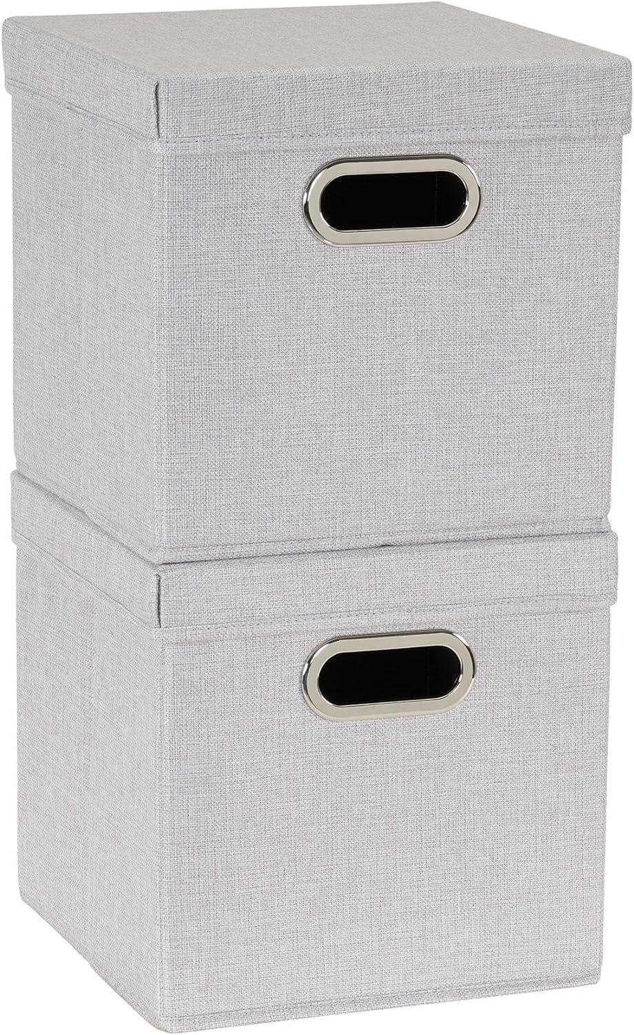 Silver Fabric Collapsible Stackable Storage Cube Set with Lids