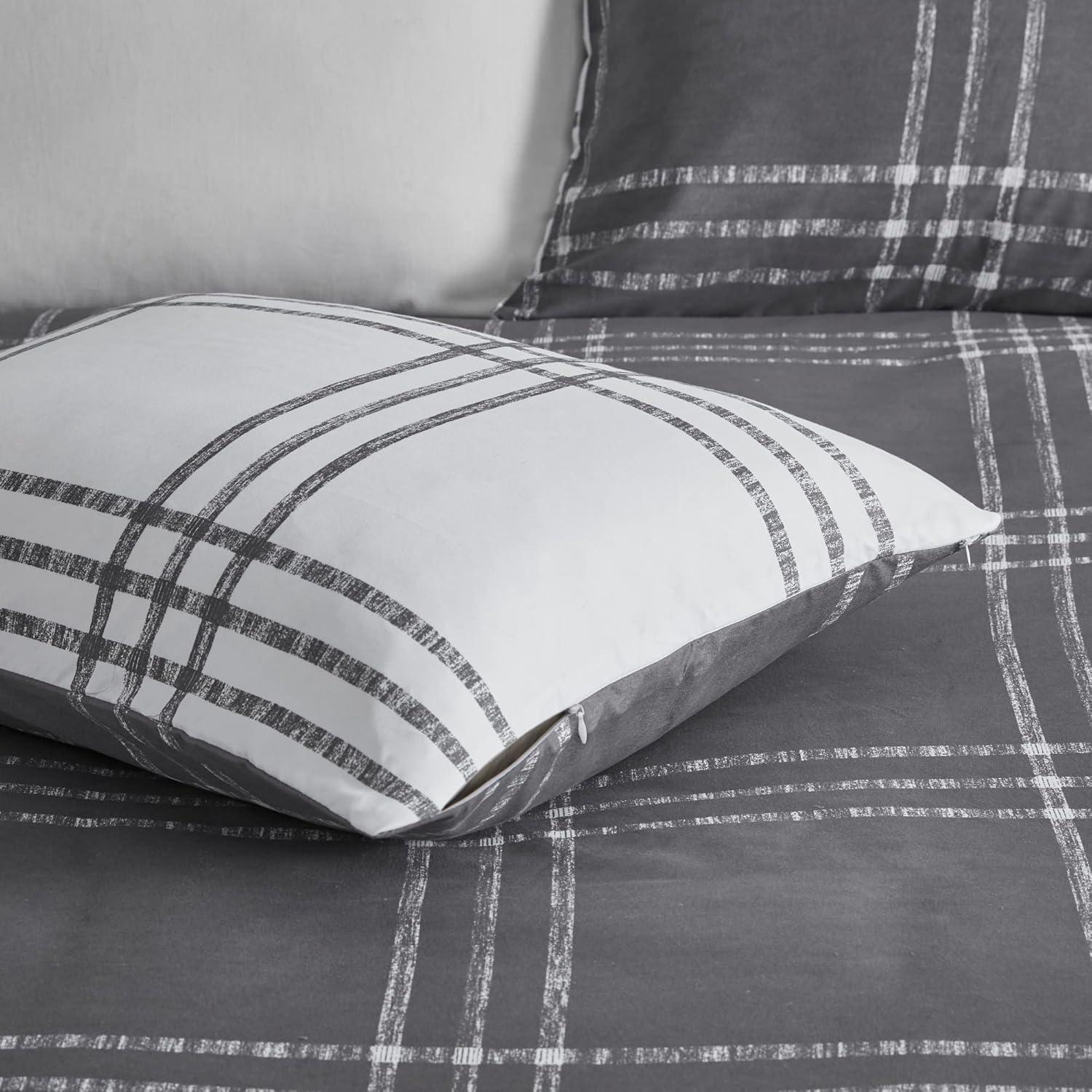 King Gray Microfiber Reversible Plaid Duvet Cover Set