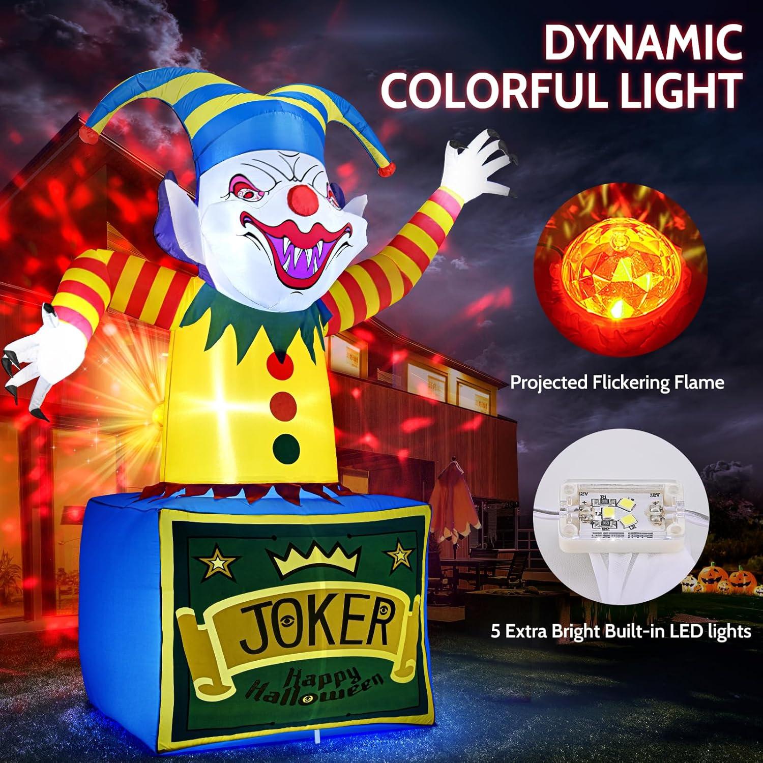 8 FT Halloween Inflatables Clown Outdoor Decorations with Dynamic Flame Projector Light, Halloween Blow Up Yard Decorations with LEDs for Outside Party Garden Lawn Decor