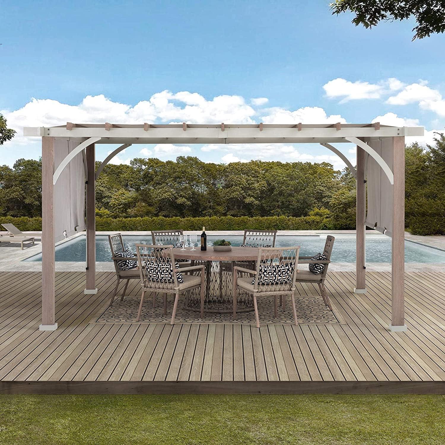 Sunjoy Delrey 12 x 14 ft. Outdoor Patio White Steel Frame Pergola with Adjustable Canopy for Backyard and Garden Shade, Light Gray