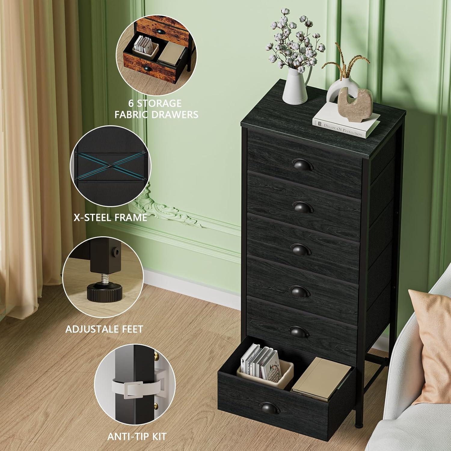 Black Oak Tall Dresser for Bedroom,Vertical Storage Tower Unit and End Table with 6 Drawers, Nightstand Furniture with Fabric Drawer Organizer in Living Room,Closet,Entryway,Hallyway