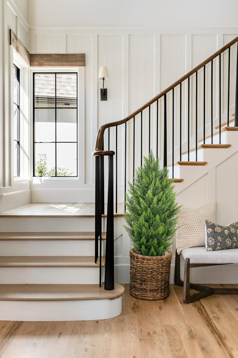 5ft Artificial Cedar Topiary Trees for Outdoors, Fake Cypress Plants with Solar Light String, Faux uv resistant Plants for Home Front Porch Decor, Housewarming Gift