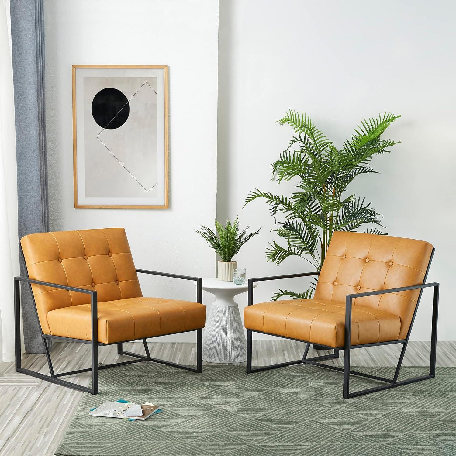 Mid-Century Modern Leatherette Button Tufted Arm Accent Chair Camel - Glitzhome: Chrome-Plated Metal Frame, Polyurethane Upholstery
