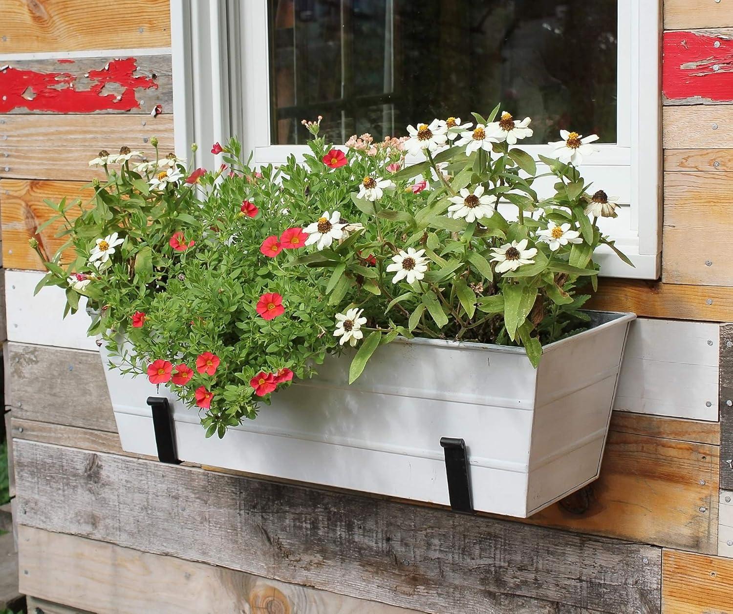 ACHLA Designs 24" Wide Galvanized With Wall Brackets Rectangular Steel Planter Boxes White: Durable Outdoor Mount, Easy Install