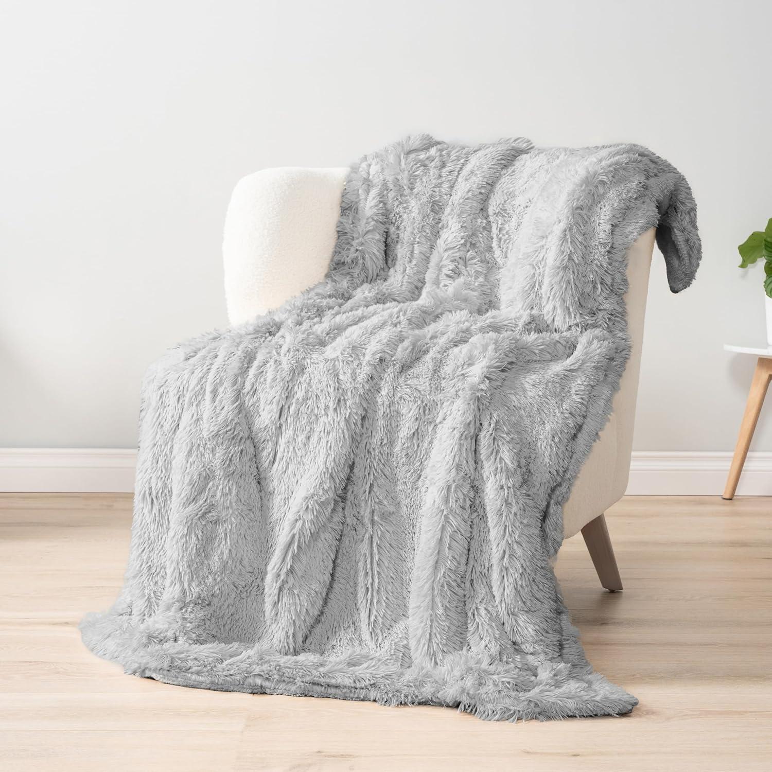 PAVILIA Fluffy Faux Fur Reversible Throw Blanket for Bed, Sofa, and Couch, Light Gray/Throw - 50x60